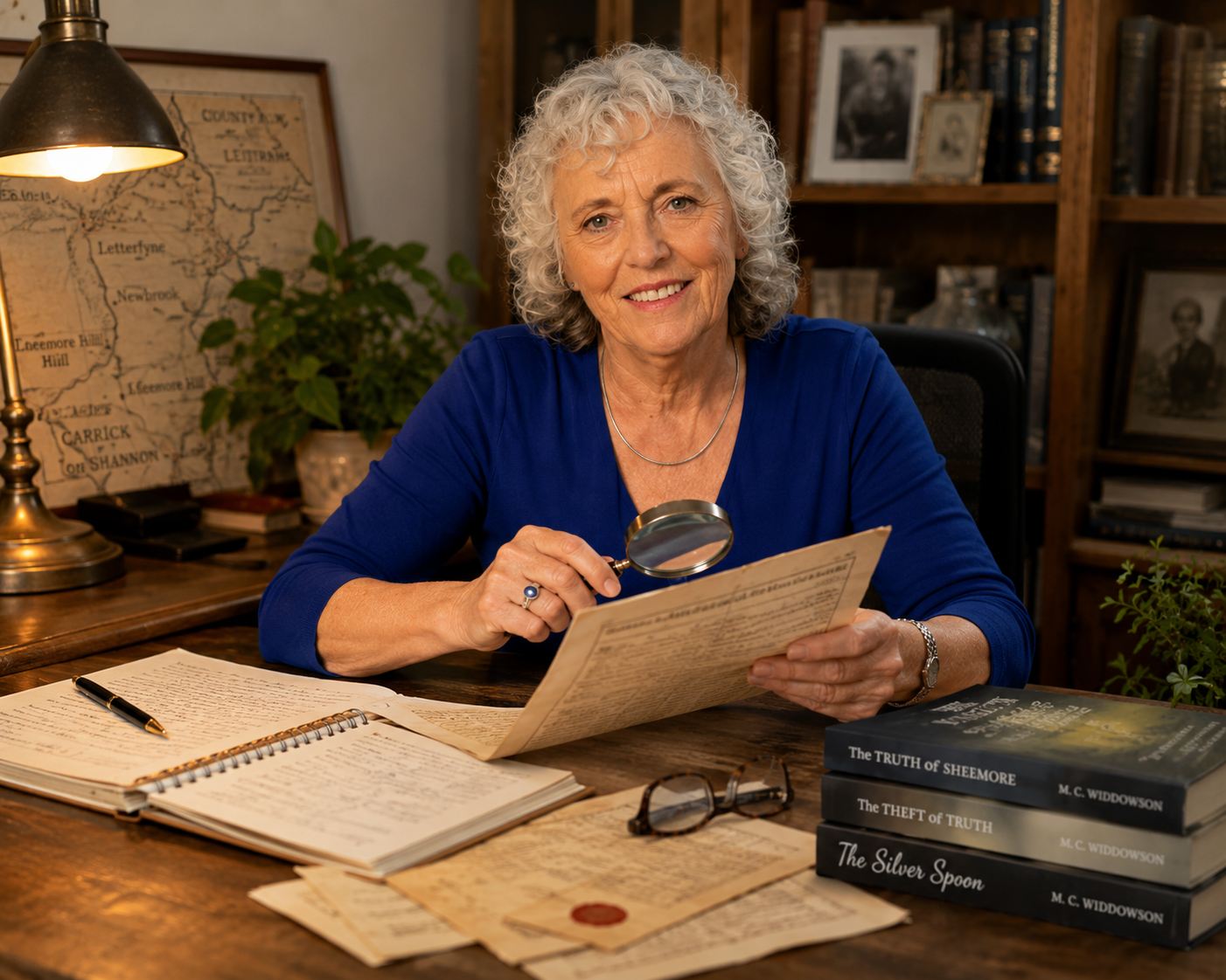 M. C. Widdowson examining a historical document at her desk