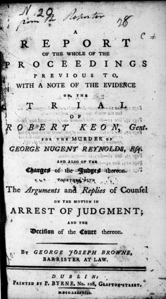 Title page of the printed trial report of Robert Keon