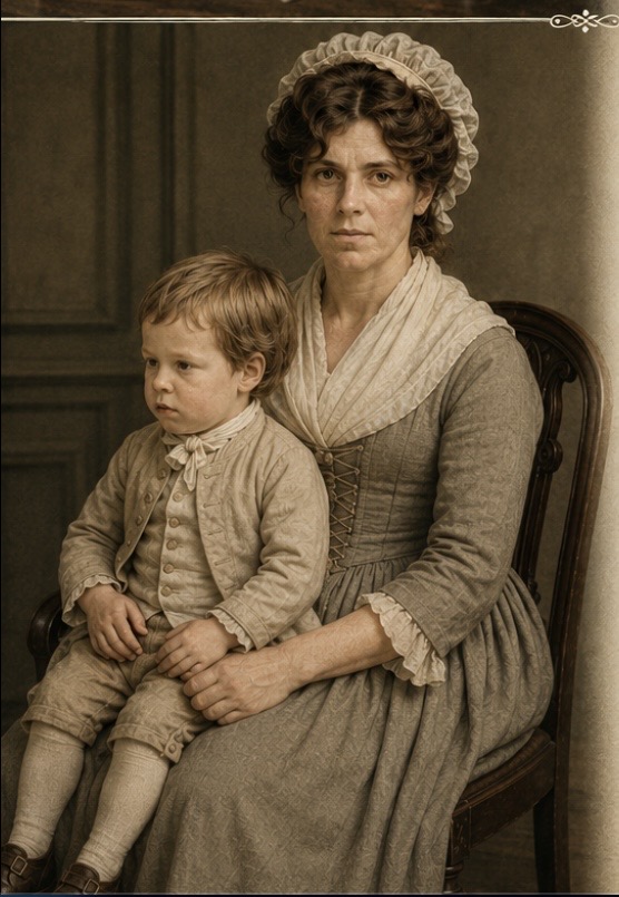 An imagined portrait of Bridget Keon seated with her young son William