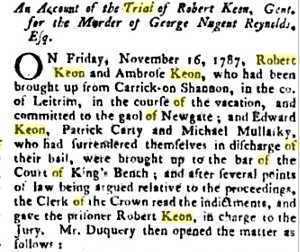 Contemporary newspaper report of Robert Keon's trial
