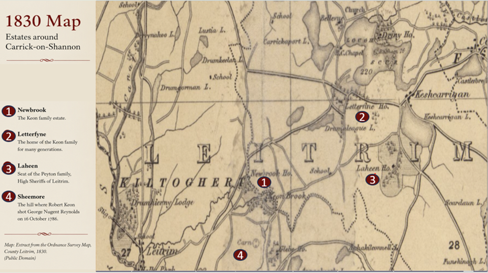 Annotated 1830 map showing Newbrook, Letterfyne, Laheen and Sheemore